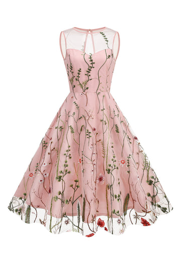 Vestido Blush A Line Cuello Bateau Mangas Década de 1950